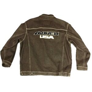 Avirex USA Mens XXL Brown Cotton Denim Trucker Jacket Embroidered Logo Vintage